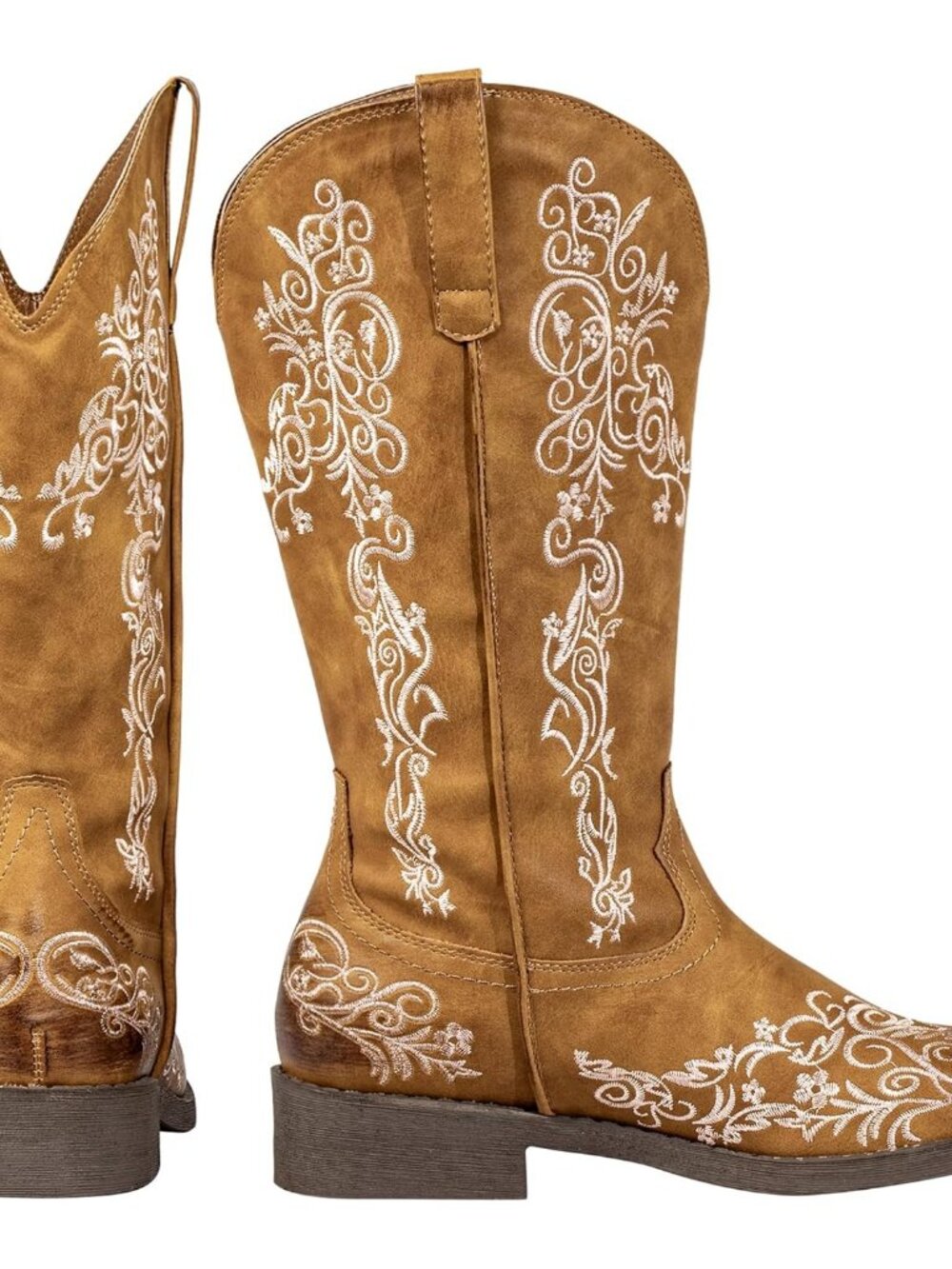 Women's Tan Square Toe Cowboy Boots Floral Embroidered Cowgirl Western Boots - Picture 4 of 6